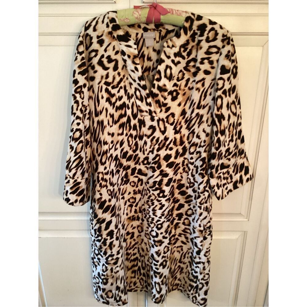 Chico’s 100% Linen Leopard Animal Print Shift Dress Sz 12 Pockets - Picture 3 of 9